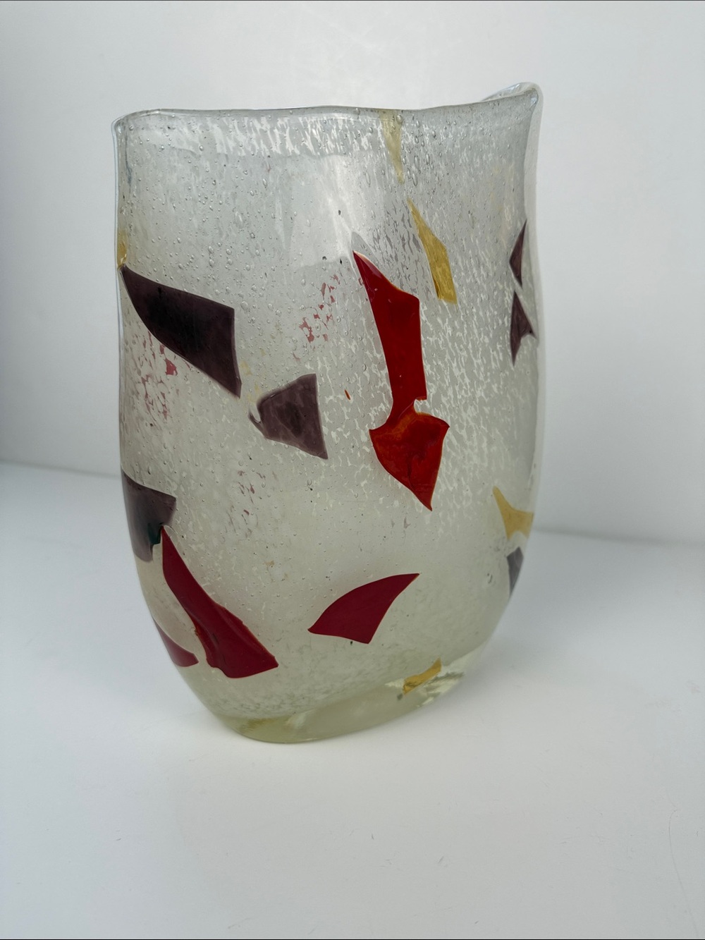 Handblown Decorative Glass Vase in Clear with Red, Purple and Gold Accents